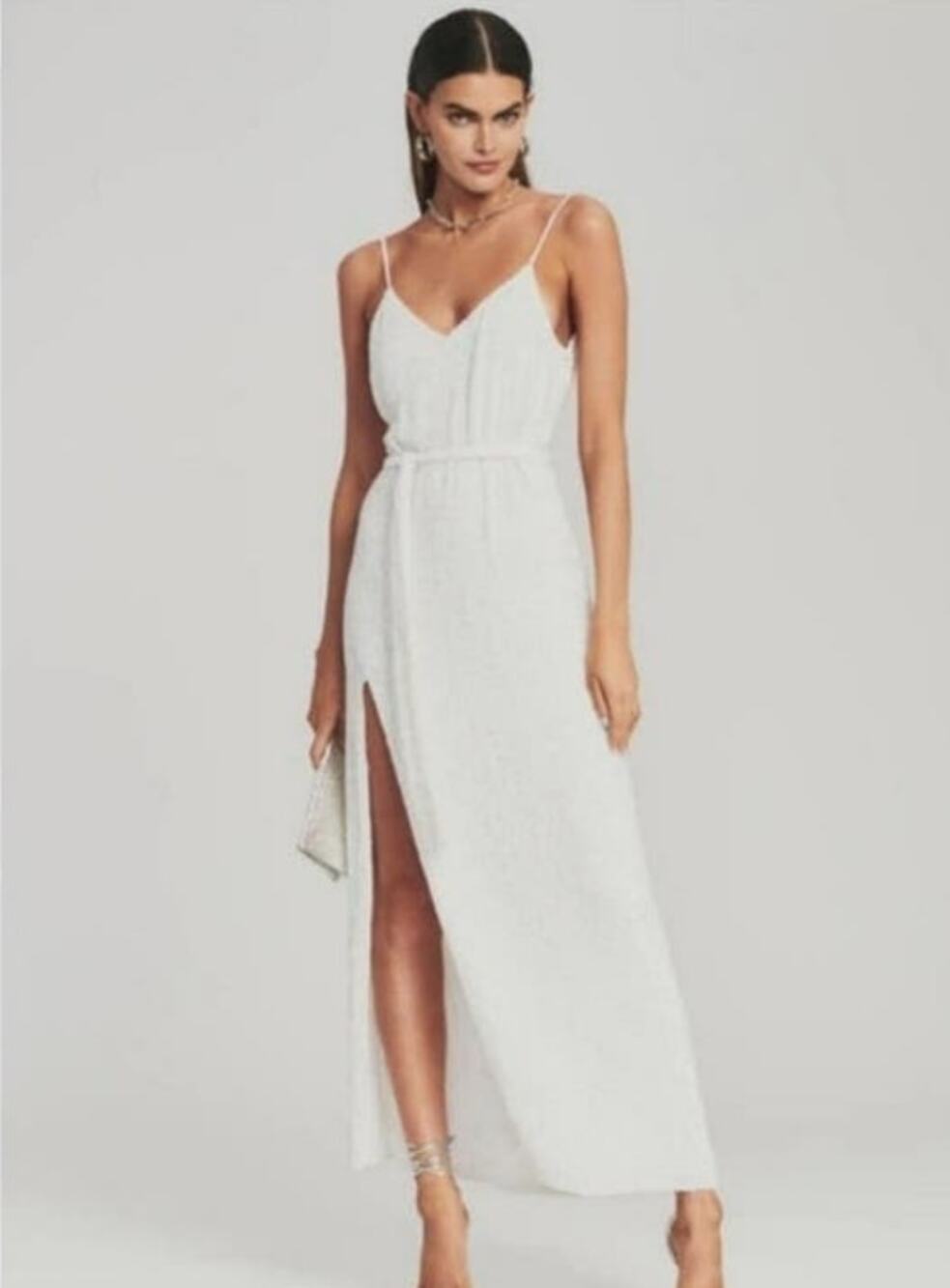 Retrofete Rebecca Sequin Maxi Dress in White Size XS Sleeveless Belt